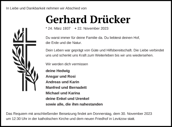 Traueranzeige von Gerhard Drücker von Mecklenburger Schweiz