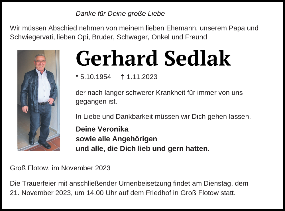  Traueranzeige für Gerhard Sedlak vom 11.11.2023 aus Müritz-Zeitung