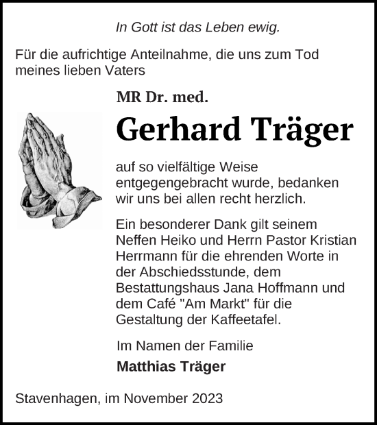 Traueranzeige von Gerhard Träger von Mecklenburger Schweiz