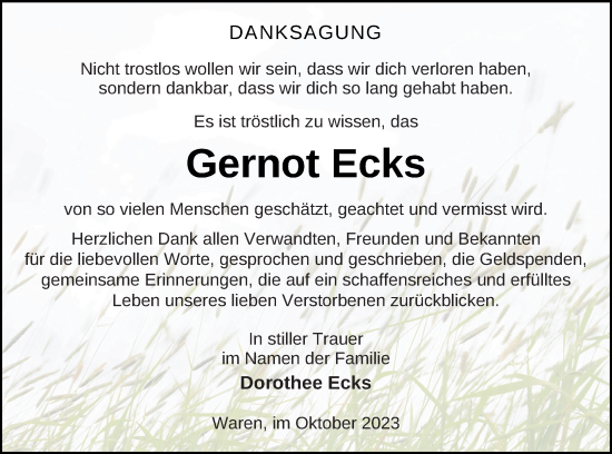 Traueranzeige von Gernot Ecks von Müritz-Zeitung