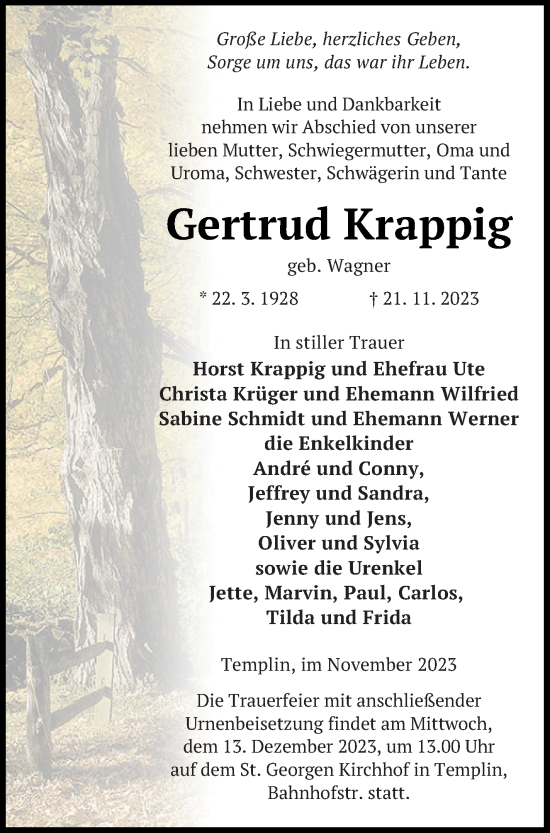 Traueranzeige von Gertrud Krappig von Templiner Zeitung
