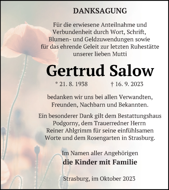 Traueranzeige von Gertrud Salow von Pasewalker Zeitung