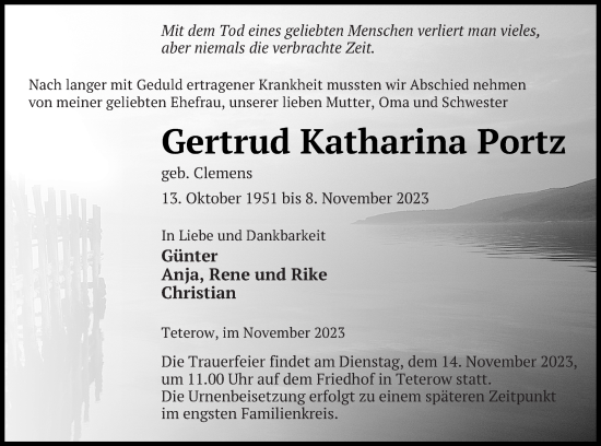 Traueranzeige von Gertrud Katharina Portz von Mecklenburger Schweiz