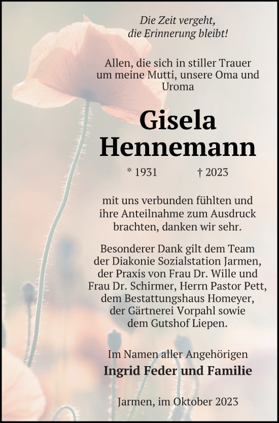 Traueranzeige von Gisela Hennemann von Vorpommern Kurier