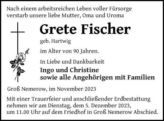 Traueranzeige von Grete Fischer von Neubrandenburger Zeitung