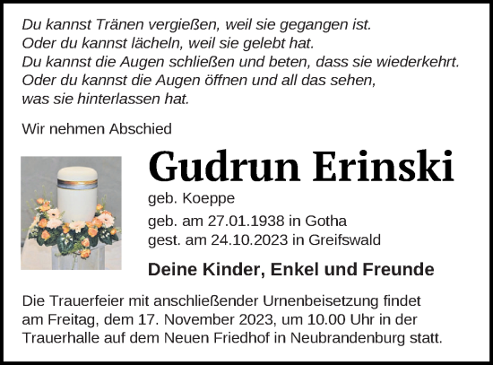 Traueranzeige von Gudrun Erinski von Neubrandenburger Zeitung