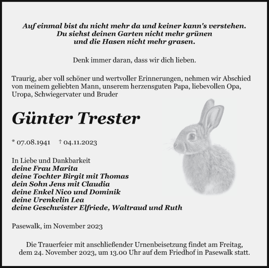 Traueranzeige von Günter Trester von Pasewalker Zeitung