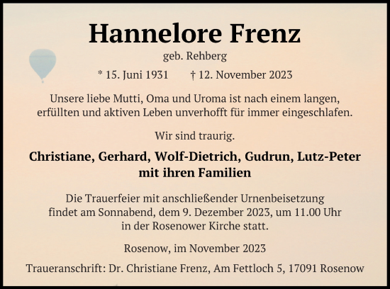 Traueranzeige von Hannelore Frenz von Demminer Zeitung