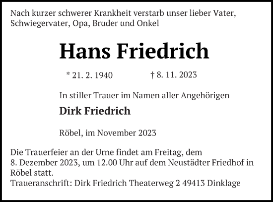 Traueranzeige von Hans Friedrich von Müritz-Zeitung