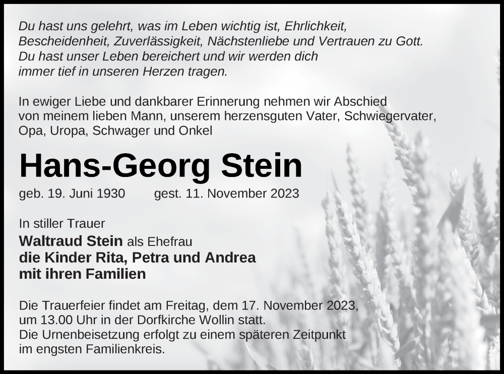  Traueranzeige für Hans-Georg Stein vom 15.11.2023 aus Prenzlauer Zeitung