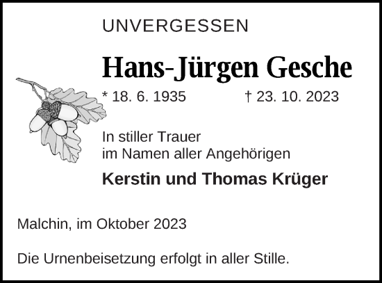 Traueranzeige von Hans-Jürgen Gesche von Mecklenburger Schweiz