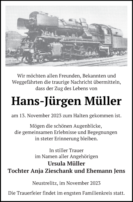 Traueranzeige von Hans-Jürgen Müller von Strelitzer Zeitung