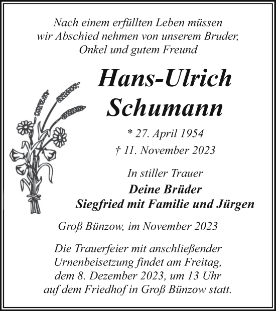 Traueranzeige von Hans-Ulrich Schumann von Vorpommern Kurier