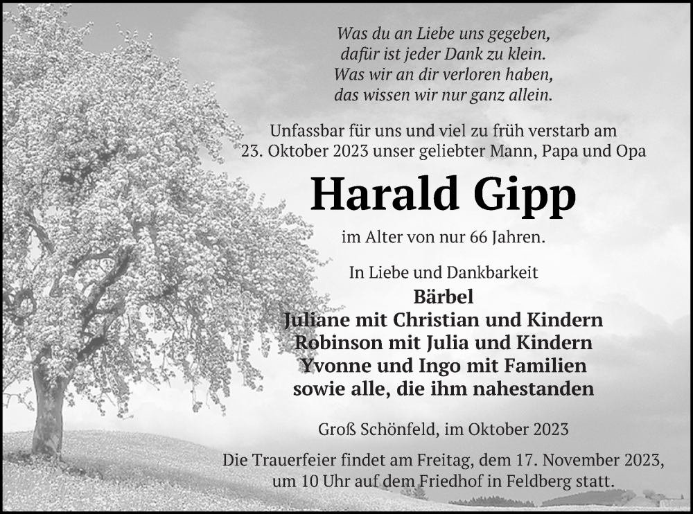  Traueranzeige für Harald Gipp vom 03.11.2023 aus Neubrandenburger Zeitung