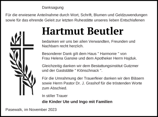 Traueranzeige von Hartmut Beutler von Pasewalker Zeitung