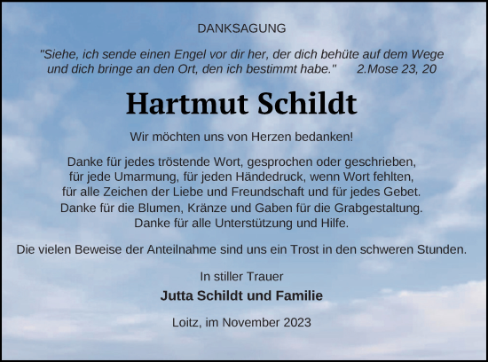 Traueranzeige von Hartmut Schildt von Vorpommern Kurier