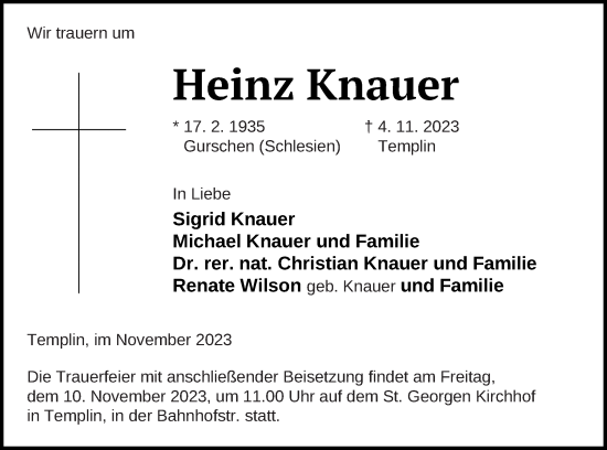 Traueranzeige von Heinz Knauer von Templiner Zeitung