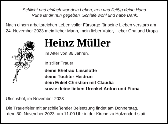 Traueranzeige von Heinz Müller von Strelitzer Zeitung