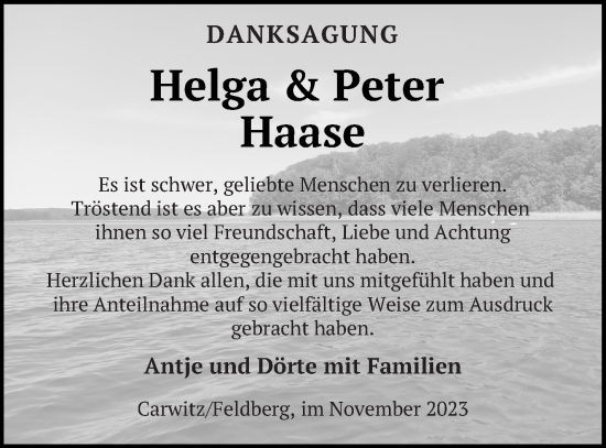 Traueranzeige von Helga Haase von Strelitzer Zeitung