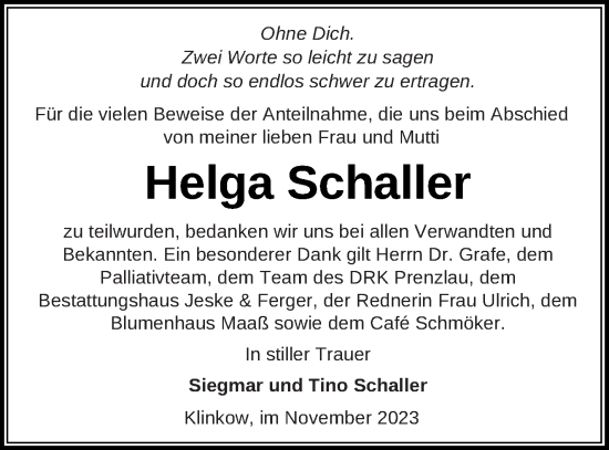 Traueranzeige von Helga Schaller von Prenzlauer Zeitung