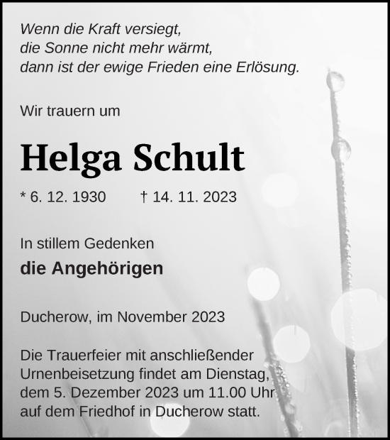 Traueranzeige von Helga Schult von Vorpommern Kurier