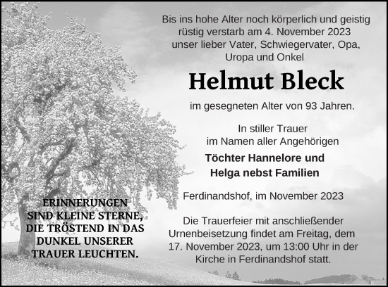 Traueranzeige von Helmut Bleck von Haff-Zeitung