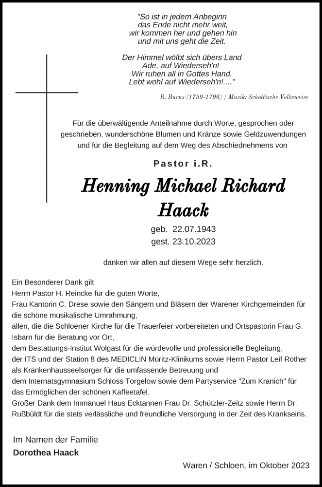  Traueranzeige für Henning Michael Richard Haack vom 10.11.2023 aus Müritz-Zeitung