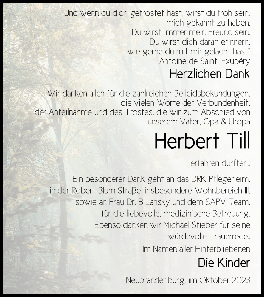  Traueranzeige für Herbert Till vom 08.11.2023 aus Neubrandenburger Zeitung