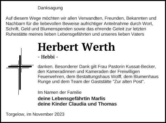 Traueranzeige von Herbert Werth von Haff-Zeitung