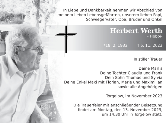 Traueranzeige von Herbert Werth von Haff-Zeitung