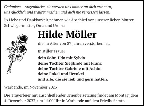 Traueranzeige von Hilde Möller von Strelitzer Zeitung