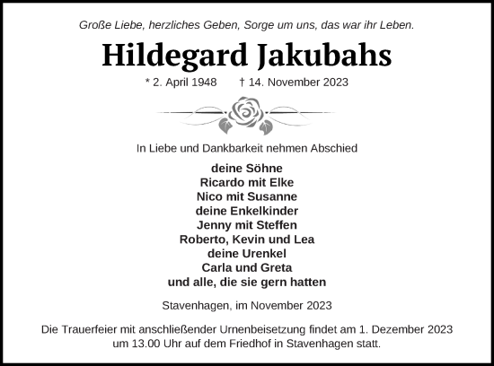 Traueranzeige von Hildegard Jakubahs von Mecklenburger Schweiz