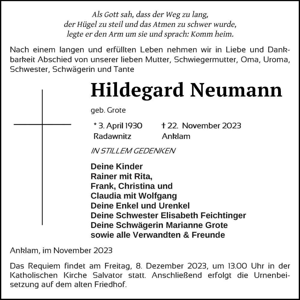  Traueranzeige für Hildegard Neumann vom 25.11.2023 aus Vorpommern Kurier