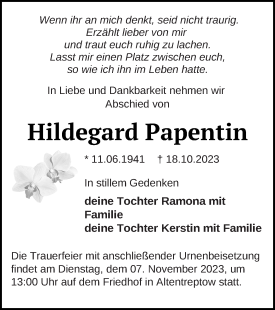 Traueranzeige von Hildegard Papentin von Neubrandenburger Zeitung