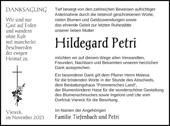 Traueranzeige von Hildegard Petri von Pasewalker Zeitung