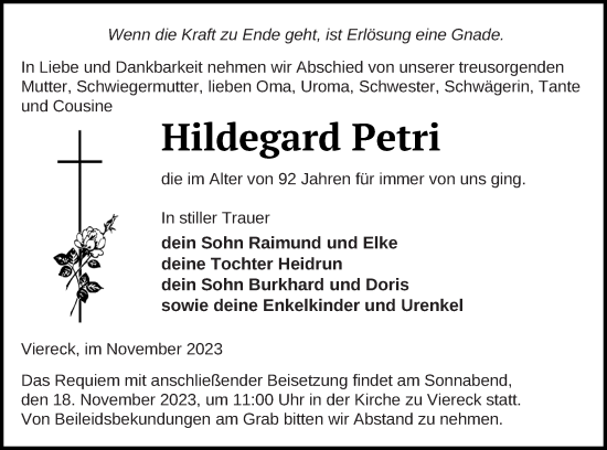 Traueranzeige von Hildegard Petri von Pasewalker Zeitung