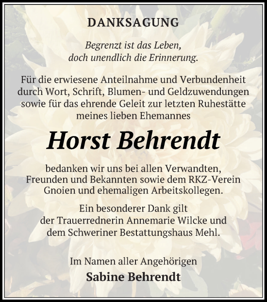 Traueranzeige von Horst Behrendt von Mecklenburger Schweiz