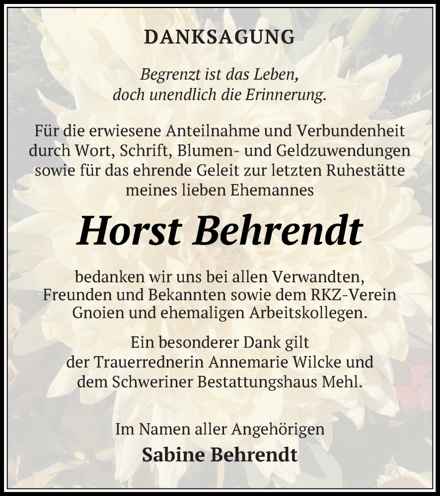  Traueranzeige für Horst Behrendt vom 25.11.2023 aus Mecklenburger Schweiz