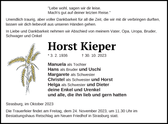 Traueranzeige von Horst Kieper von Pasewalker Zeitung