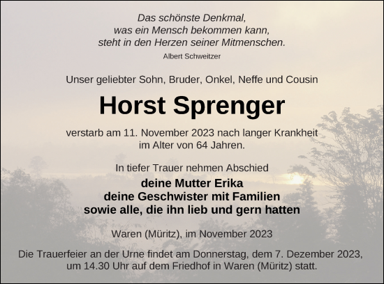 Traueranzeige von Horst Sprenger von Müritz-Zeitung