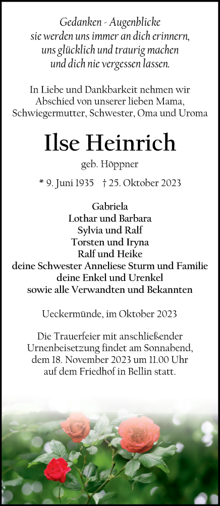Traueranzeige von Ilse Heinrich von Haff-Zeitung