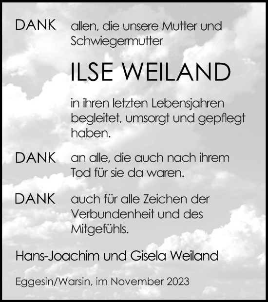 Traueranzeige von Ilse Weiland von Haff-Zeitung