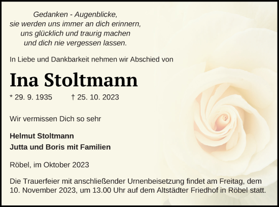 Traueranzeige von Ina Stoltmann von Müritz-Zeitung