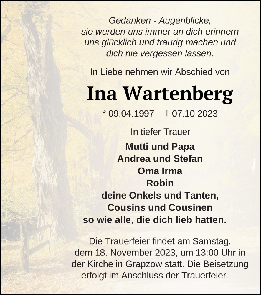  Traueranzeige für Ina Wartenberg vom 11.11.2023 aus Neubrandenburger Zeitung