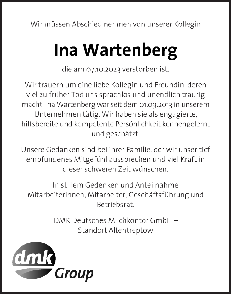  Traueranzeige für Ina Wartenberg vom 14.11.2023 aus Neubrandenburger Zeitung