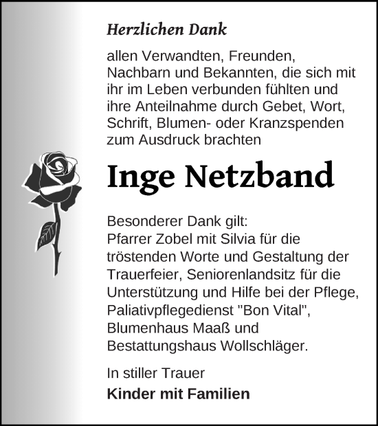 Traueranzeige von Inge Netzband von Templiner Zeitung