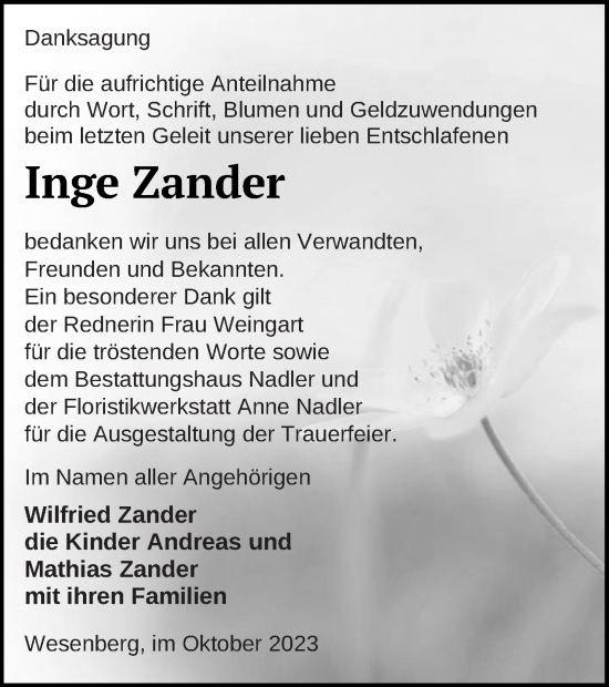 Traueranzeige von Inge Zander von Strelitzer Zeitung