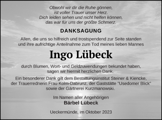 Traueranzeige von Ingo Lübeck von Haff-Zeitung
