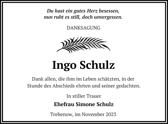 Traueranzeige von Ingo Schulz von Templiner Zeitung