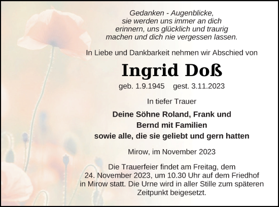 Traueranzeige von Ingrid Doß von Strelitzer Zeitung